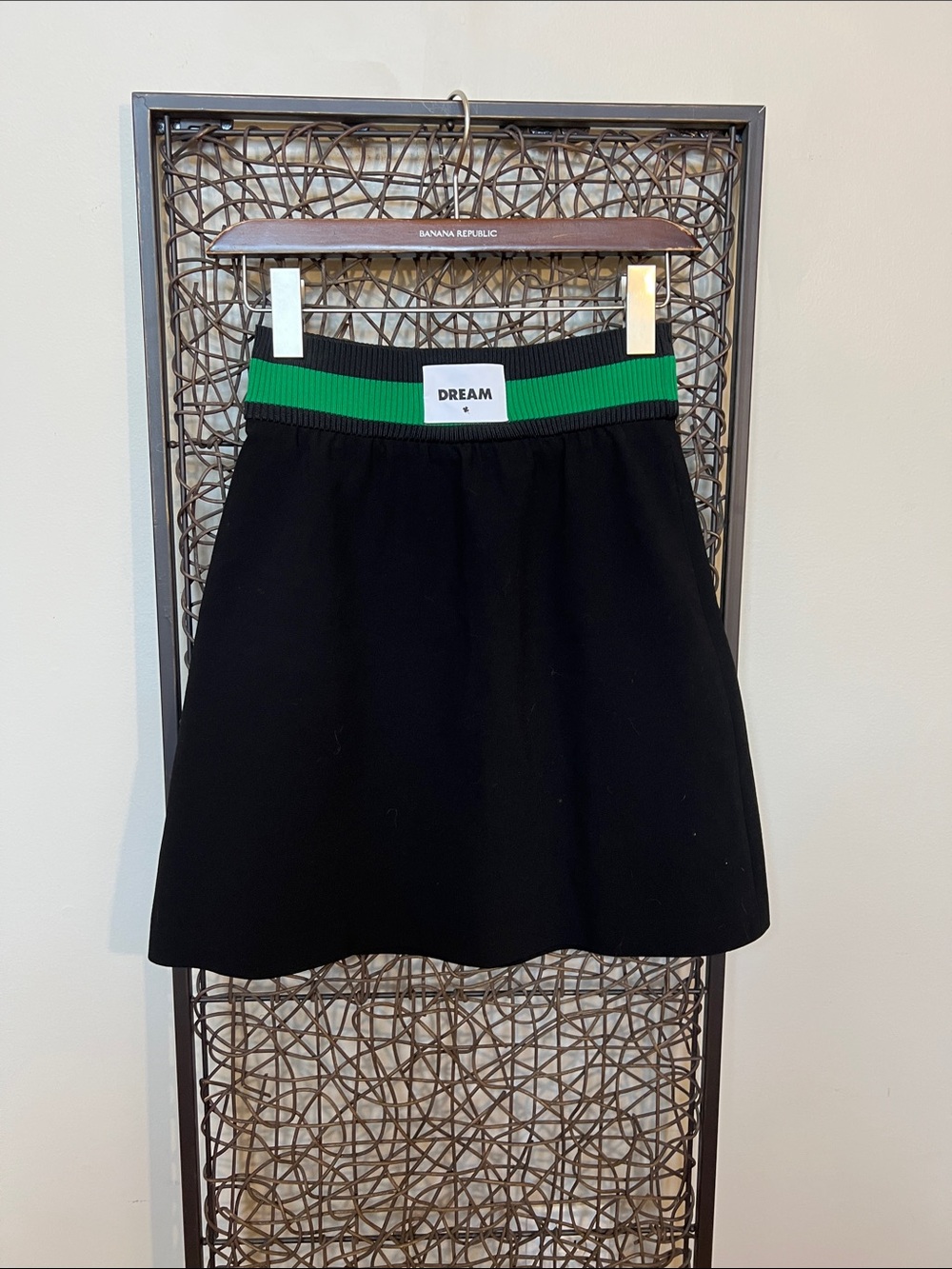 Maje Dream Striped Elastic Waistband Mini Skirt Black Green waistband S